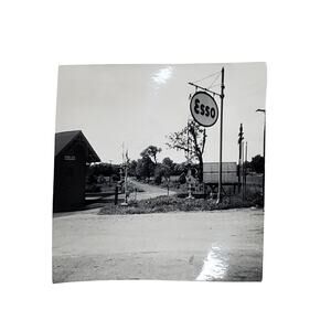 Vtg Monochrome Photography Esso Sign on Street Corner Found Snapshot 1960s